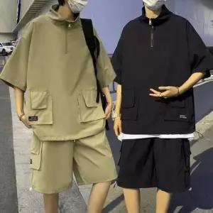 여름트레이닝복 남성 카고 주머니 반집업 반팔 아노락 반바지 세트