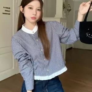 프릴 블라우스 데일리 캐주얼 베이직 여성 스트라이프 셔츠 코튼 남방 라운드