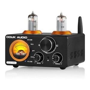 Douk 오디오 ST-01 PRO 200W 블루투스 앰프, USB DAC/동축 광 입력/VU 미터/홈 시어터/스테레오 스피커용 트레블 베이스 컨트롤이 포함된 2채널 진공관 전원 앰프(업그레이드 버전)