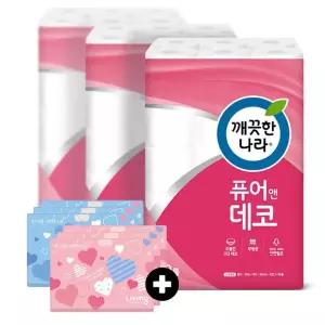 깨끗한나라 화장지 3겹 퓨어앤데코 30m 30롤 3팩 + 여행용티슈 40매 6개