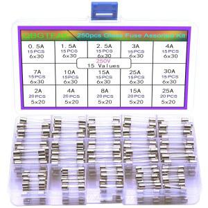 QBGTFAK 250PCS QUICK BLOW GLASS TUBE FUSE ASSORTED KIT 250V FUSES 0.5A 1.5A 2.5A 3A 4A 7A 10A 15A 25A 30A 6X30MM 2A 8A 5X20MM (5X20MM AND 6X30MM) MSN
