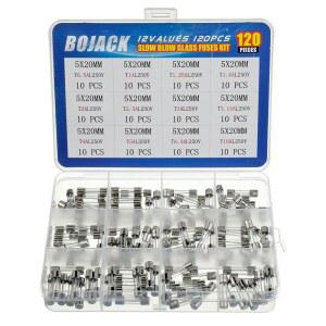 BOJACK 12 가치 120개 슬로우 블로우 유리 퓨즈 모음 키트 5X20MM 250V T0.5A 1A 1.25A 1.6A 2A 2.5A 3A 3.15A 4A 5A 6.3A 10A 포장지 투명 플라스틱 상자에 담겨 있습니다 ML2