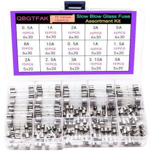 QBGTFAK 15 VALUES150PCS SLOW BLOW GLASS FUSES ASSORTED KIT 6X30MM 250V 0.5A 1A 2A 3A 5A 8A 10A 5X20MM 1.5A 2.5A 3.15A PACKAG IN A CLEAR PLASTIC BOX ME8