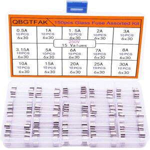 QBGTFAK 15 VALUES150PCS 퀵 블로우 유리 튜브 퓨즈 모듬 키트 6X30MM 250V 0.5A 1A 1.5A 2A 3A 3.15A 5A 6A 7A 8A 10A 15A 20A 25A 30A 투명 플라스틱 상자 포장 M2T