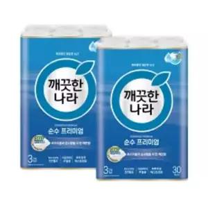 깨끗한나라 천연펄프 3겹 순수 프리미엄, 27m, 30롤, 2개