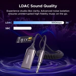 호환 UGREEN Aux to 블루투스 6.0 어댑터 3.5mm 리시버 LDAC 하이 레졸루션 오디오 차량용 USB 잭 키트 마