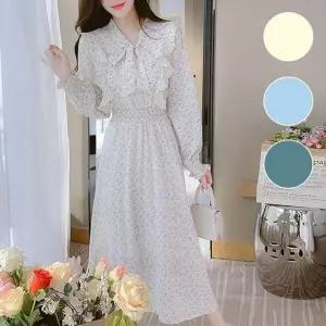 [오르토]원피스 꽃무늬 롱 드레스 긴팔 프릴 밴딩 봄가을 홈웨어
