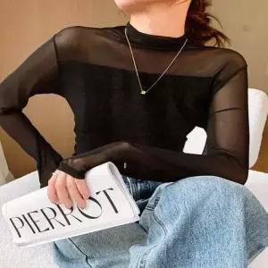 벨벳티셔츠 시크블랙 시스루 벨벳 은은 광택 하프넥 긴팔티셔츠