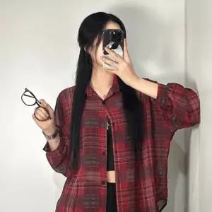 여성 오버핏 시스루 체크 남방 셔츠 [3color 레이어드 루즈핏 긴팔 벌룬 난방 휴가 장마 룩 시원한 데일리]