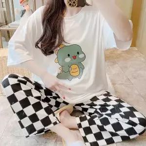 쉬블림로브 (반팔 긴바지) 여성 공룡 캐릭터 체크 꿀잠 홈웨어 파자마 잠옷 세트 GGWD0233