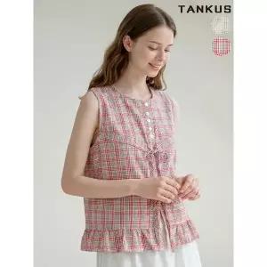 [하프클럽/탱커스]체크 프릴 리본 민소매 블라우스
