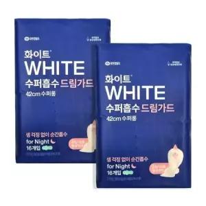 여성용품 (1+1)화이트 수퍼롱 위생용품 오버나이트42cm 생리대 (16개입X2개)