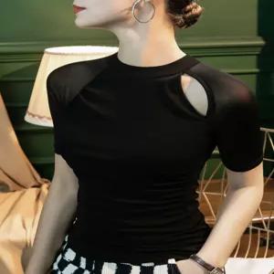 반팔 슬림핏 여성용 댄스티 무대의상 댄스복상의 라운드넥