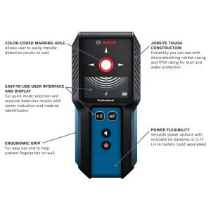 전기 기술자, 배관공 및 계약자를 위한 BOSCH GMS120-27 전문가용 벽 스캐너, 다기능 스터드 파인더 및 라이브 와이어 감지기