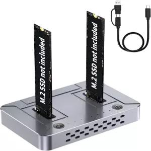 M.2 SSD 복제기 도크 20Gbps USB C 듀얼 베이 클로너 냉각 팬이 있는 알루미늄 합금 하우징 NVMe SATA