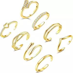 YANJINMY 여성용 8PCS 토링 조절 가능 18K 금/은 도금 밴드 테일링 오픈 하트 CZ 세트 비치 풋 주얼리