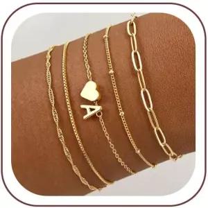 여자용 투란도스 초기 팔찌 세트 - 5PCS Dainty 14K 골드 도금 하트 레터 A-Z 참 쌓기 가능한 페이퍼클립