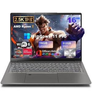 2025 16인치 2.5K IPS 게이밍 노트북 컴퓨터 AMD Ryzen 7 6800H최대 4.7GHz 16GB DDR5 512GB SSD Radeon 680M WiFi 6 타입C 웹캠 지문 백라이트 키보드 윈도우 11 프로 W / MS Office