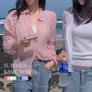 핫핑 [살안타템/여름긴팔] 콜리안 주름 여름 베이직 루즈핏 시스루 긴팔셔츠
