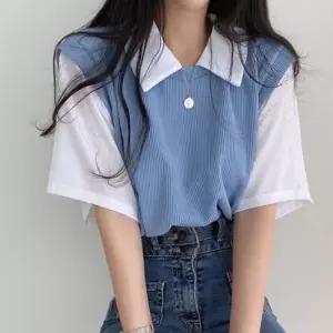 ONM 여성 파란색 반팔니트 일체형 카라 봄 여름 학생 20대