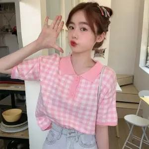 ONM 체크패턴 여성 귀염 목카라 반크롭 반팔 니트 티셔츠
