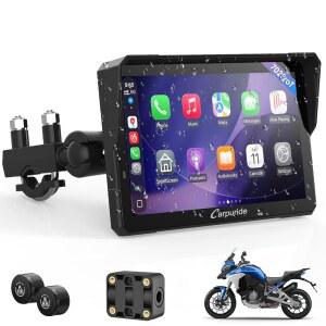 모터사이클 카플레이 및 안드로이드 오토 TPMS 듀얼 블루투스용 카푸라이드 W702T PRO - 모터바이크 음악 공유 인터콤 EQ 광 센서 나침반 기압계용 7인치 방수 GPS 내비게이션 화면