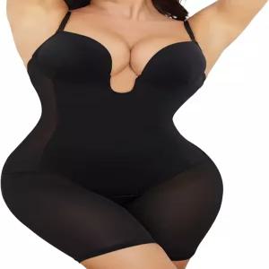 여성 배를 위한 슬림한 바디 셰이퍼 U 플런지리스 풀 쉐이프 미드 허벅지 메쉬 스트랩리스 바디수트 상의