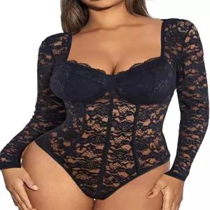 Avidlove 여성용 바디수트 긴팔 레이스 아웃팅 탑 원피스 스냅 크로치
