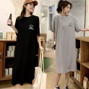 ONM 쿨 홈웨어 외출 데일리 앞뒤레터링 트임 반팔원피스