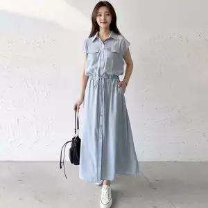 여성 포켓 민소매 카라 롱 원피스 DJW2-OPL-SKQQZ2946-블루