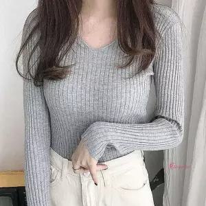 브이넥 가을 데일리룩 슬림핏 골지니트 베이직 티셔츠wxy088