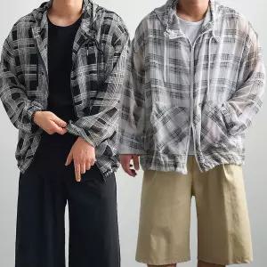 리얼타임 시스루 에어시어 체크 후드집업 /남자 오버핏 여름 얇은 쿨 쿨링 자켓 투웨이 스트링 점퍼 쉬폰 거즈 시어서커 구김없는 링클프리 바캉스룩 