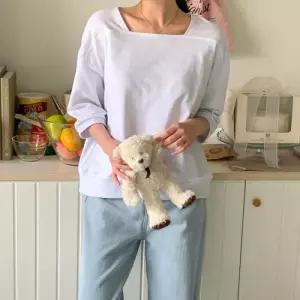 [옷자락]여자 맨투맨 데일리 컷아웃 면원단 칠부 스퀘어넥 티셔츠