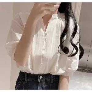 여성 면마 브이넥 5부 반팔 린넨 루즈핏 셔츠 캐주얼 남방