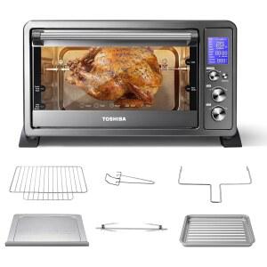 도시바 10-in-1 컨벡션 토스터 오븐, 6-슬라이스 조리대 오븐, 1500W(토스트, 베이크, 브로일, 로티세리 & 피자 기능 포함), LCD 노브 컨트롤, 6개 액세서리, 블랙 스테인리스 스틸