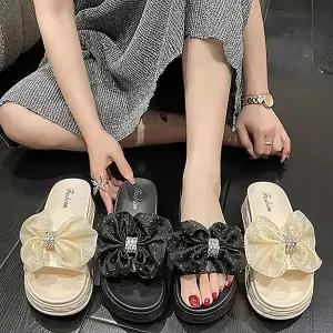 [하프클럽/셀럽하우스]리본 쉬폰 여름 여자 슬리퍼 통굽 큐빅 플랫폼 뮬