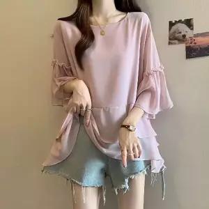 여성 5부 소매 라운드넥 블라우스 루즈핏 쉬폰 소재 프릴 소매 레이어드 디자인 여름 데일리 티셔츠 HY1140