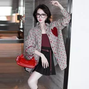 여자 여름 신상 체크 하트 패턴 칼라 긴팔 미디어롱 루즈핏 셔츠Y378