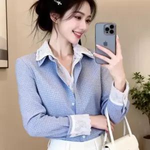 여자 여름 체크 레이스 레이어드 슬림핏 긴팔 오피스 셔츠Y746