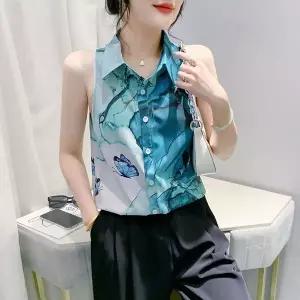 여성 민소매 셔츠 프린트 코튼 슬림핏 여름용 언더레이어 블라우스
