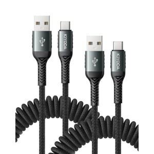 USBUSB C 케이블 2팩 3FT 코일형 USB 고속 충전 60W 카플레이용 AUSB 아이폰호환 17 16 15 프로 맥스 / 삼성호환 갤럭시용 내구성 있는 땋은 코드