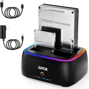 SUITOK 듀얼 베이 SATA 하드 드라이브 클로너 도킹 USB C 5Gbps 2.5인치 3.5인치 40TB HDD SSD 스테이션