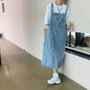 [하프클럽/]데님 멜빵 롱 원피스 오버핏 포켓 트임