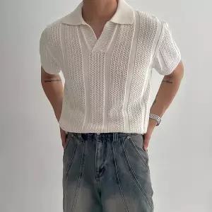반팔 니트 티 여름 남성 폴로 셔츠 티셔츠 턴다운 칼라 아메리칸 홍콩 스타일 레트로 복고풍 엔틱 성숙한