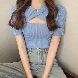 골지 여성 반팔티 꼬임 슬림 여름 크롭 니트 티셔츠