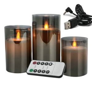 USB 충전식 LED 불꽃 없는 기둥 양초 세트 깜박이는 움직이는 심지 파라핀 실제 왁스 원격 제어(타이머-회