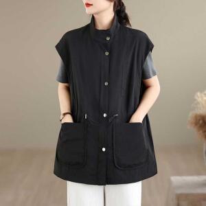 볼사스 여성 스프링 포켓 유럽 캐주얼 스탠드 칼라 숨겨진 버튼 드로스트링 민소매 탑 베스트 ADOR