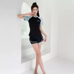 부모님 래쉬가드 할머니 엄마 아줌마수영복상의 블랙그린 캡내장반팔래쉬