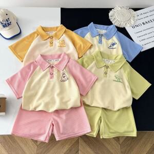 여름  2피스 세트  아동용  셔츠 & 반바지 컬러 블록  의상 남아 및