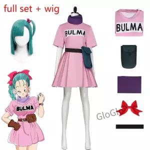 Bulma 프레 의상 핑크 드레스 모자를 쓰고 보라색 스카프 벨트 가방 여성용 할로윈 가발 풀 세트